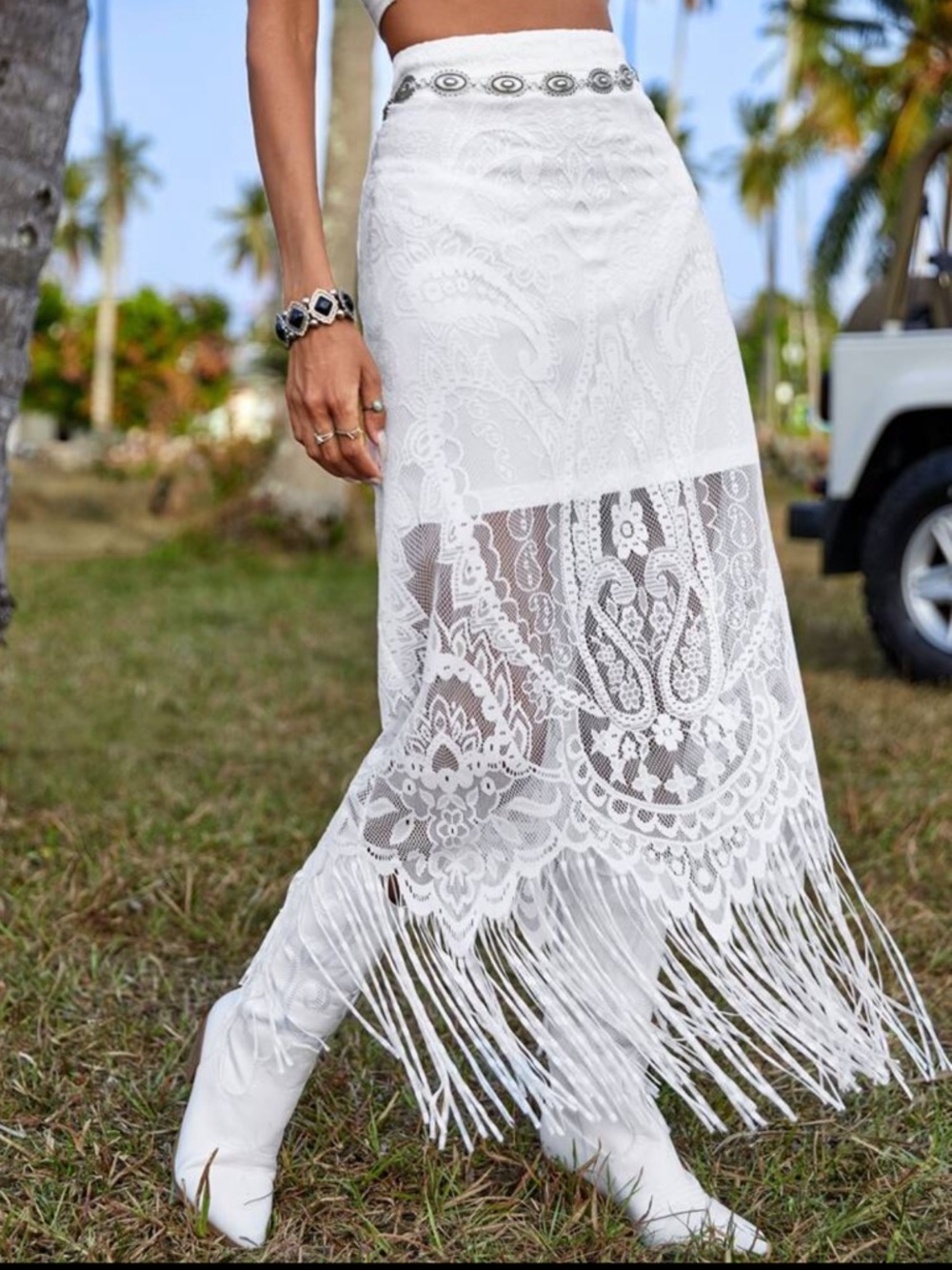 White Lace Fringe Maxi Skirt - Shein
